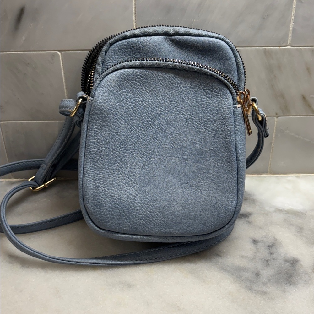 Blue Crossbody Bag with gold zippers